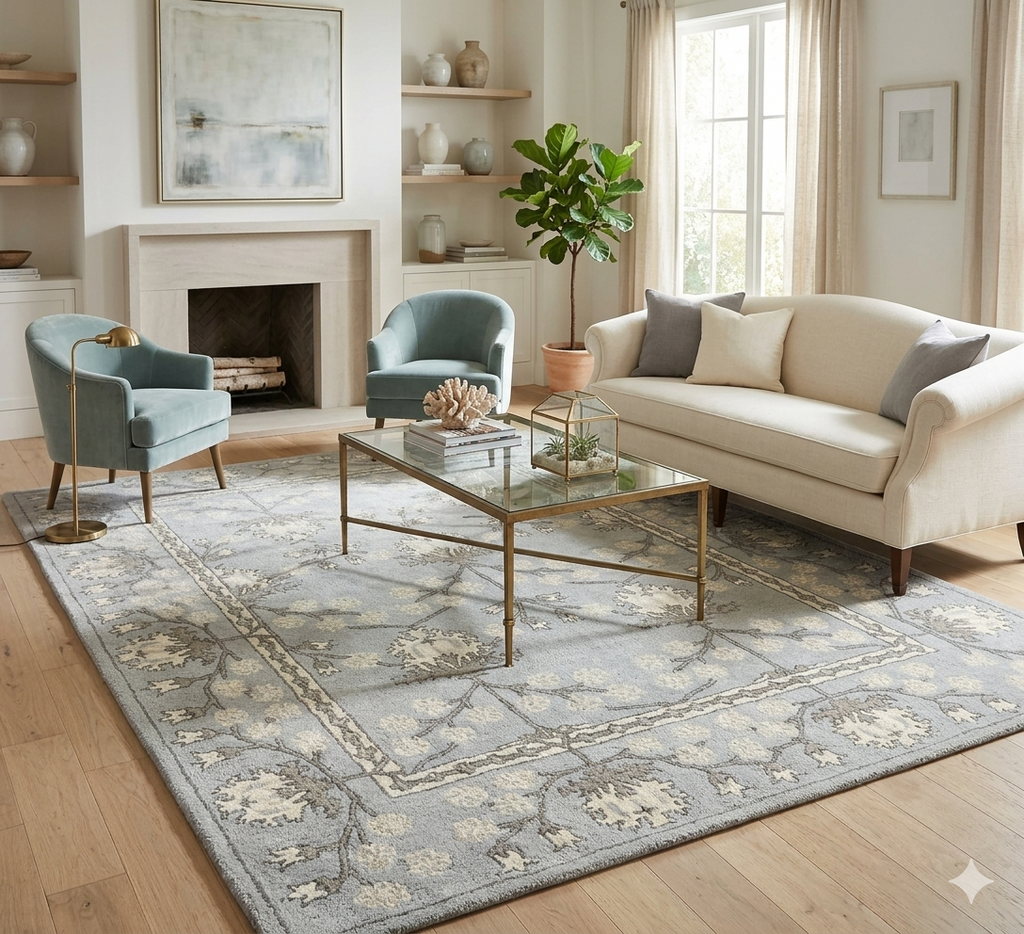 Luxury Silver Floral Rug with Subtle Border