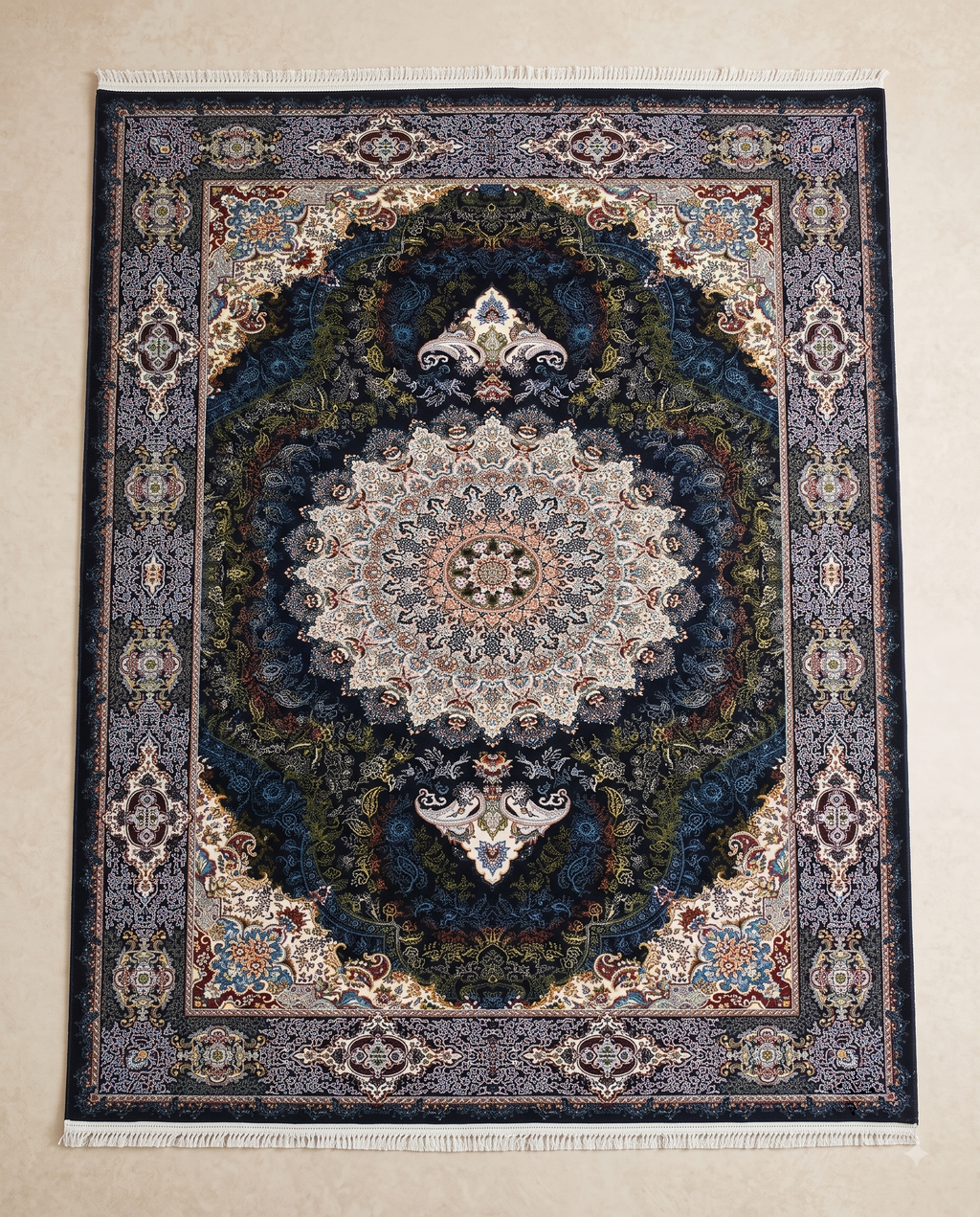 Deep Blue Irani Carpet with Bold Central Medallion Design
