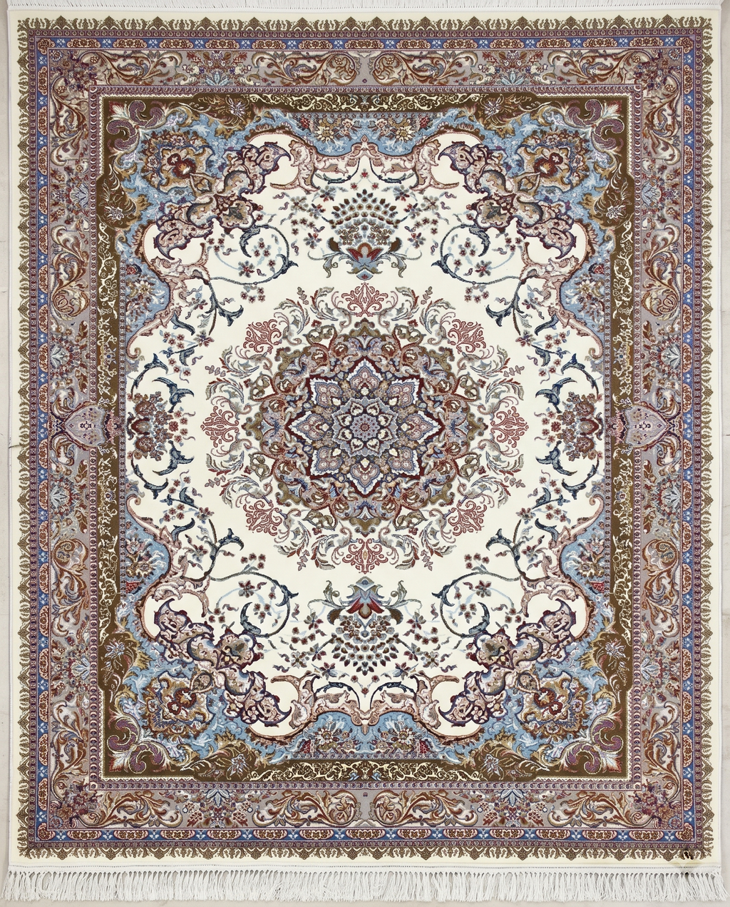 Ivory Irani Silk Carpet with Intricate Floral Medallion Design