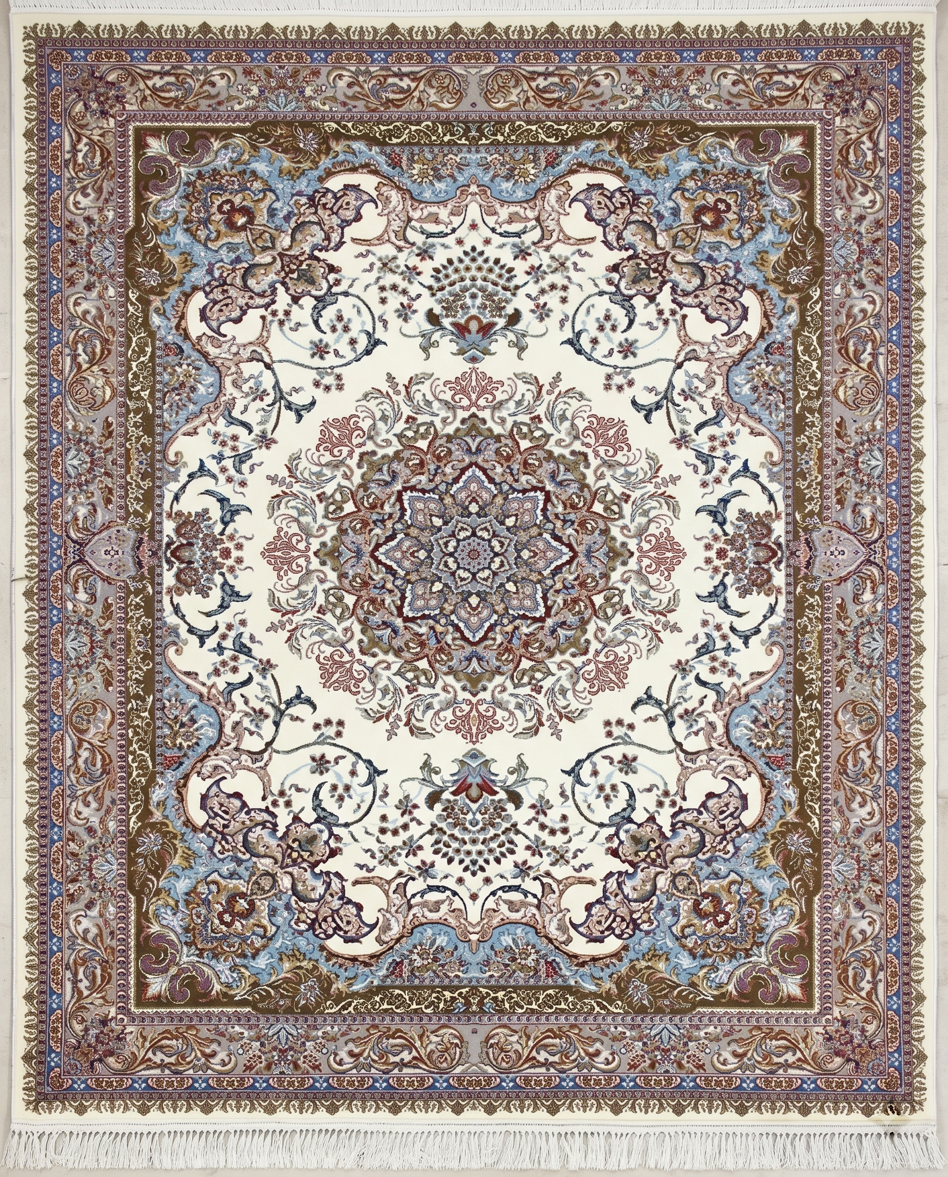 Ivory Irani Silk Carpet with Intricate Floral Medallion Design