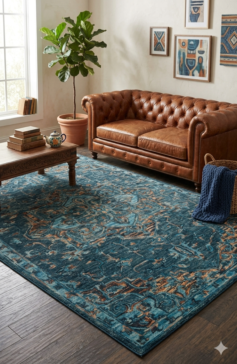 Teal Distressed Medallion Rug