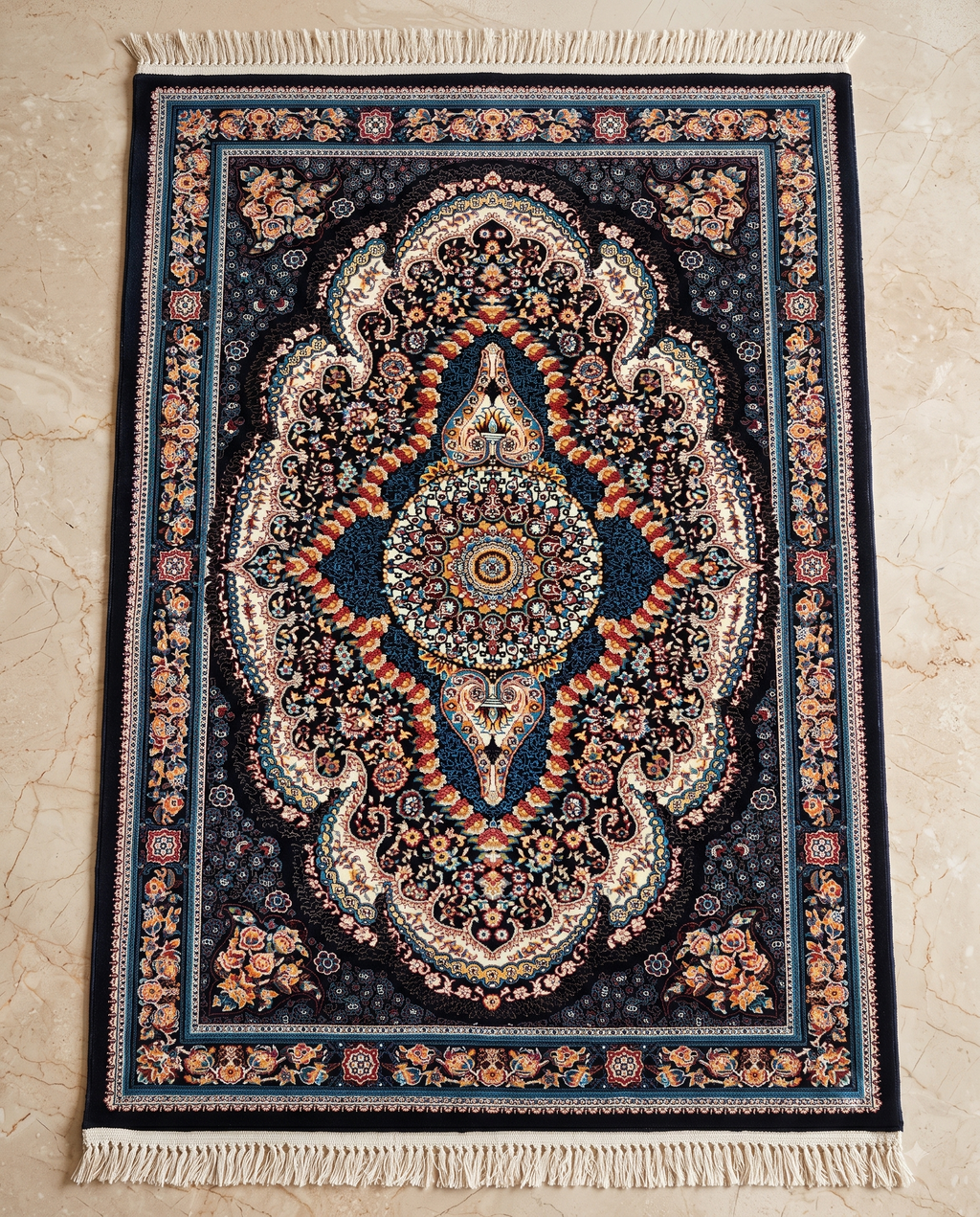 Dark Navy Irani Carpet with Dense Ornamental Medallion Motif