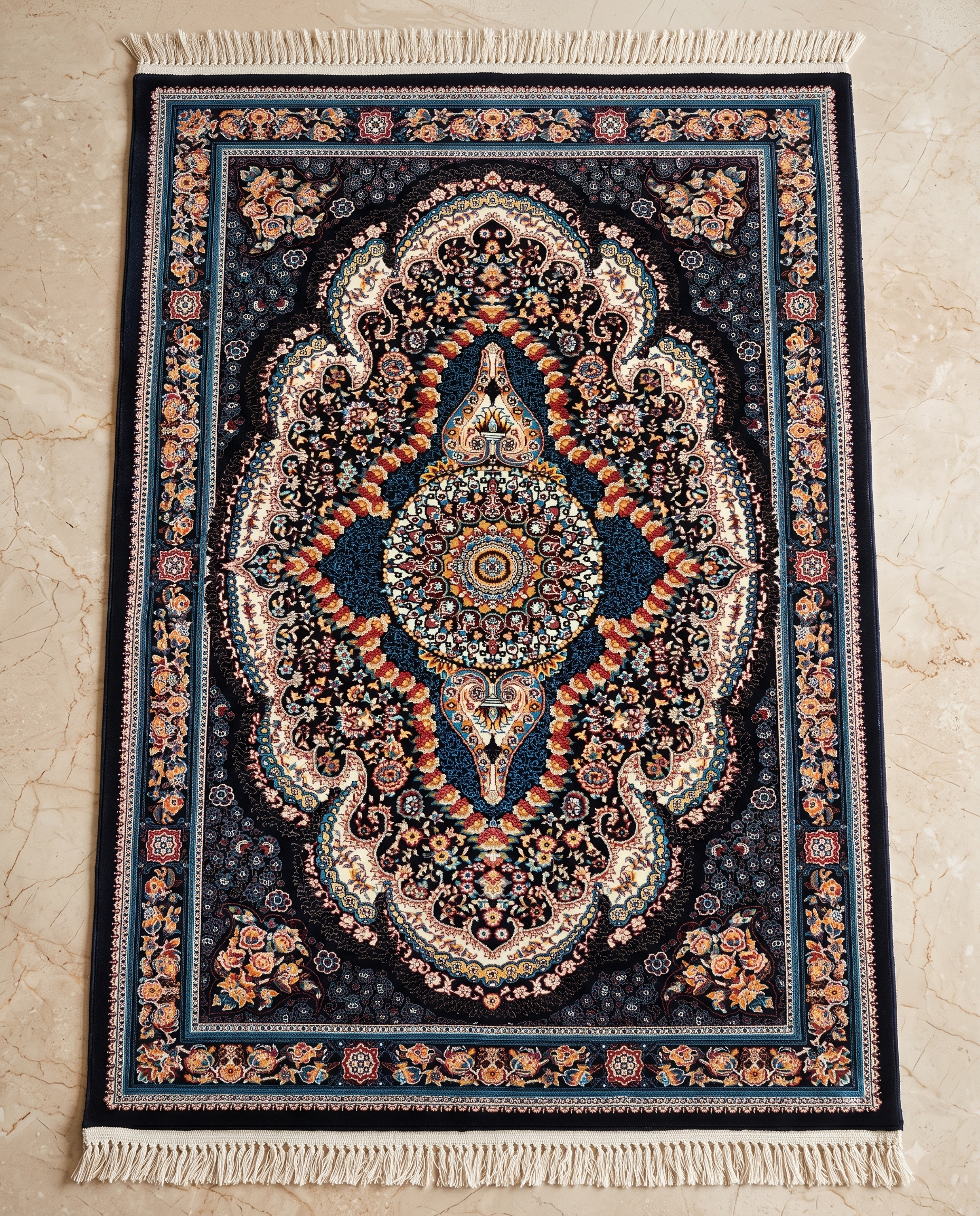 Dark Navy Irani Carpet with Dense Ornamental Medallion Motif
