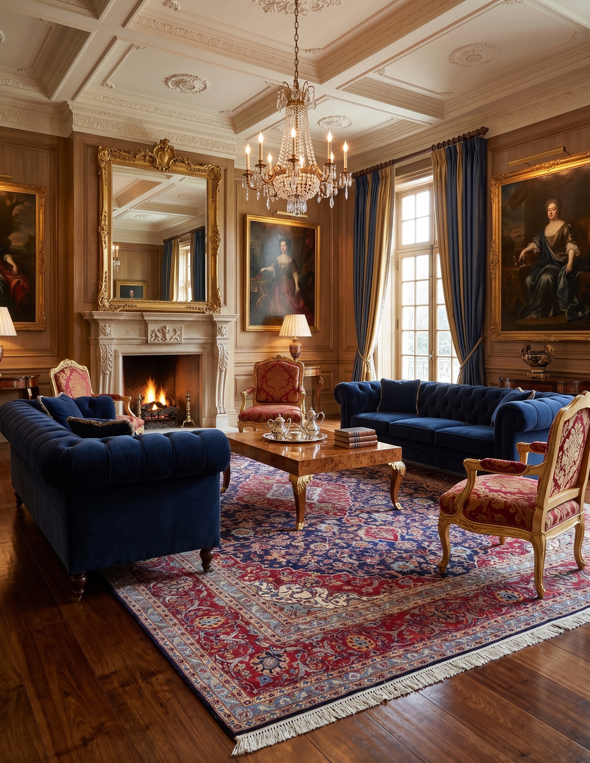 Hand-Knotted Regal Sapphire Field Royal Medallion Luxury Wool Rug