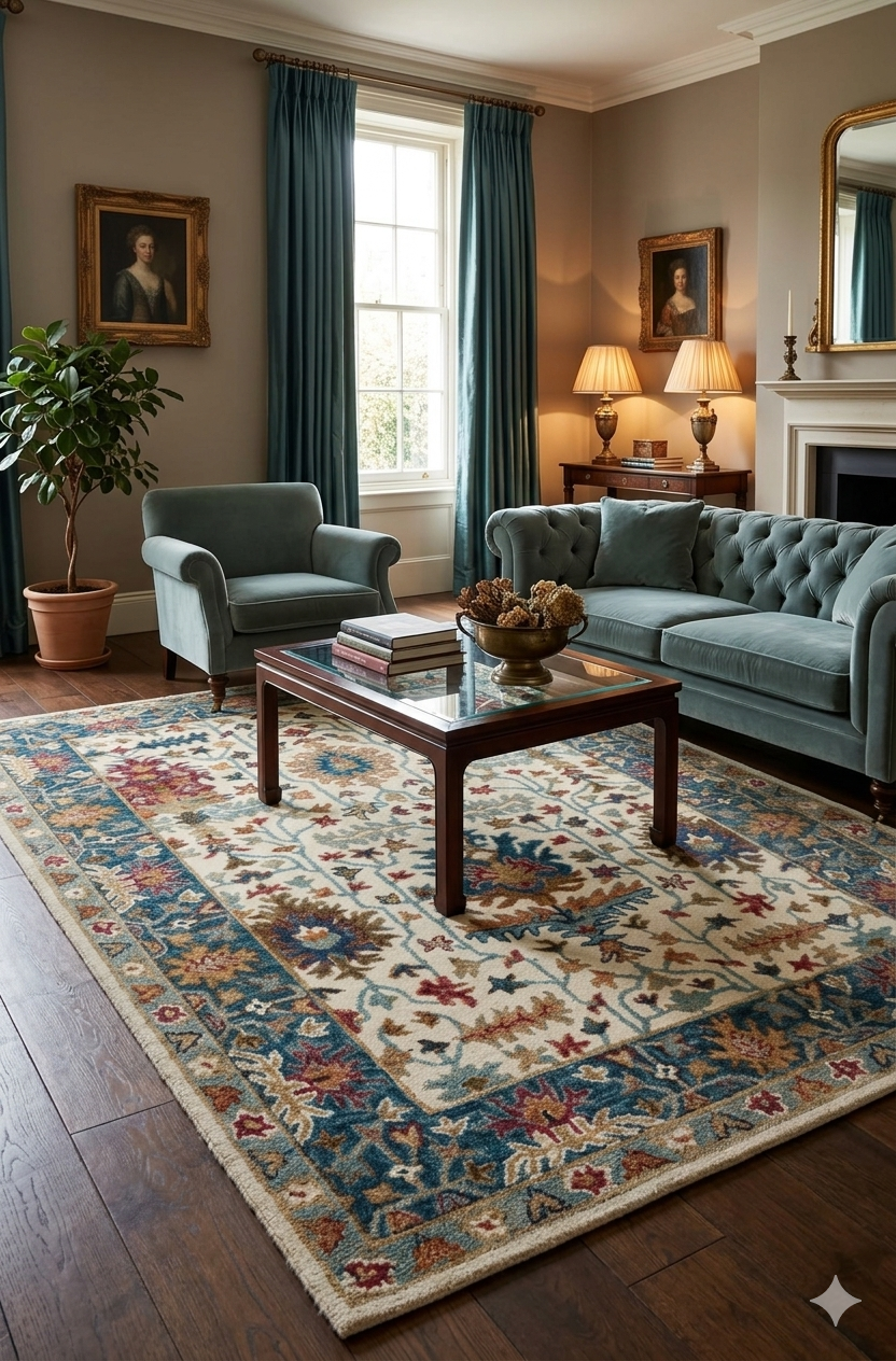 Ivory Floral Rug with Blue Border