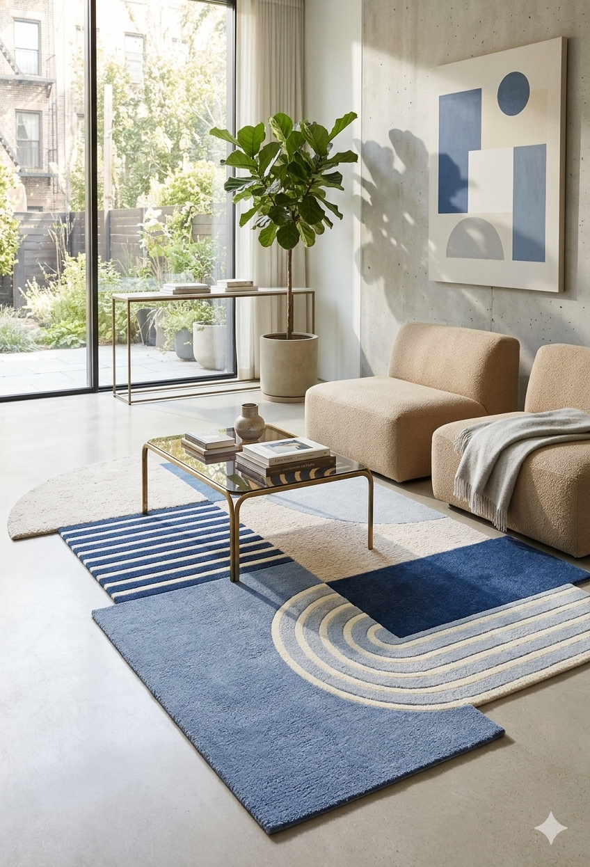Indigo Grid Geometric Designer Rug