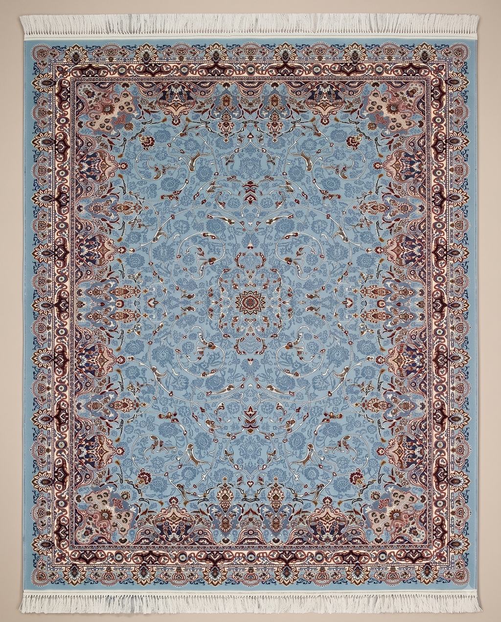 Soft Blue Irani Carpet with Subtle Vintage Floral Artwork