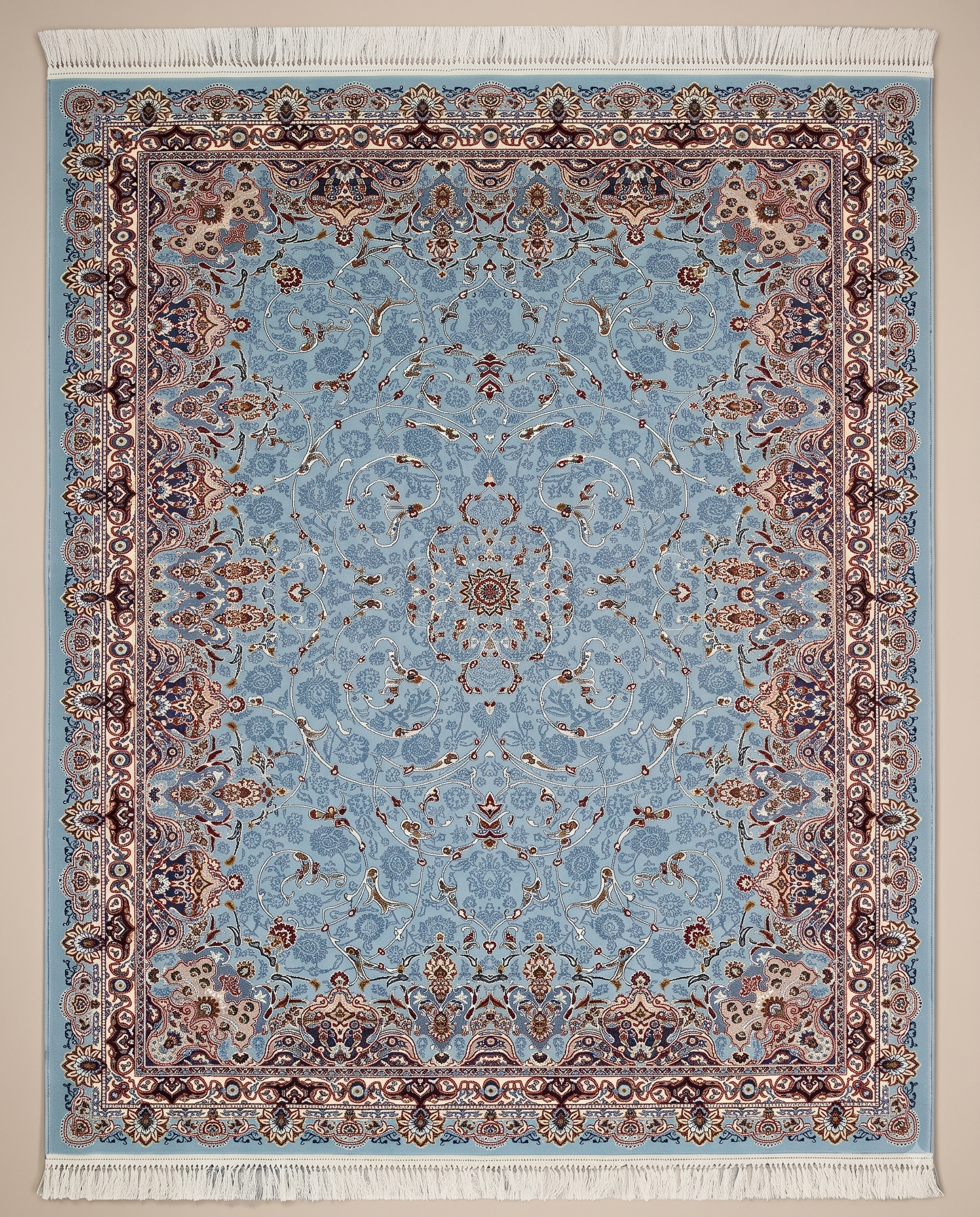 Soft Blue Irani Carpet with Subtle Vintage Floral Artwork