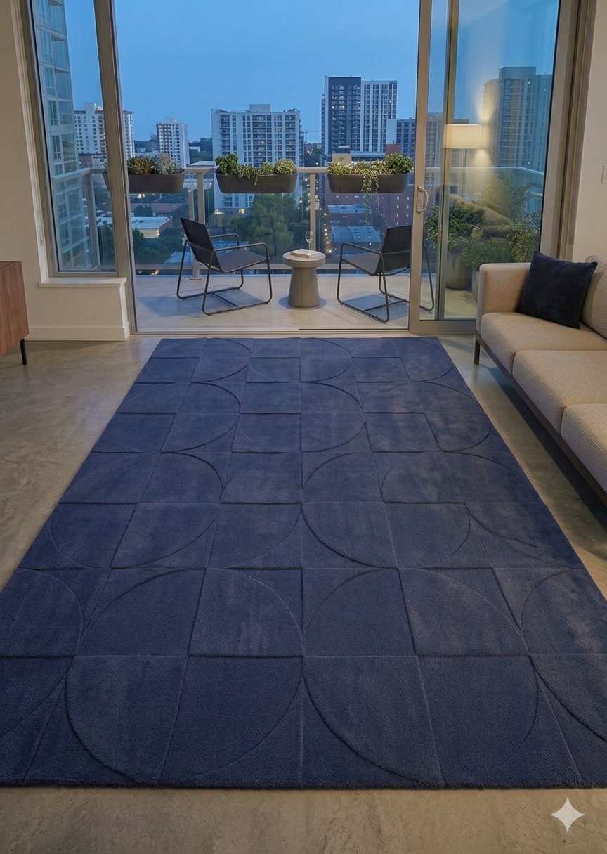 Indigo Circle Grid Designer Rug