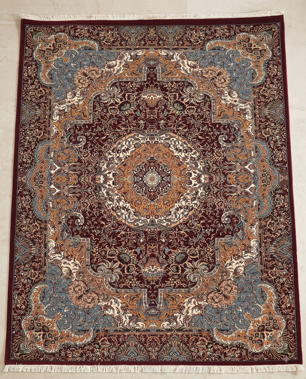 Red Irani Carpet with Grand Floral Medallion Artwork Design