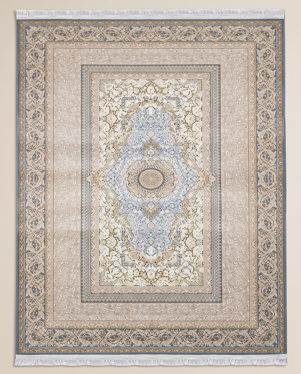 Soft Beige Irani Silk Carpet with Subtle Elegant Border Design