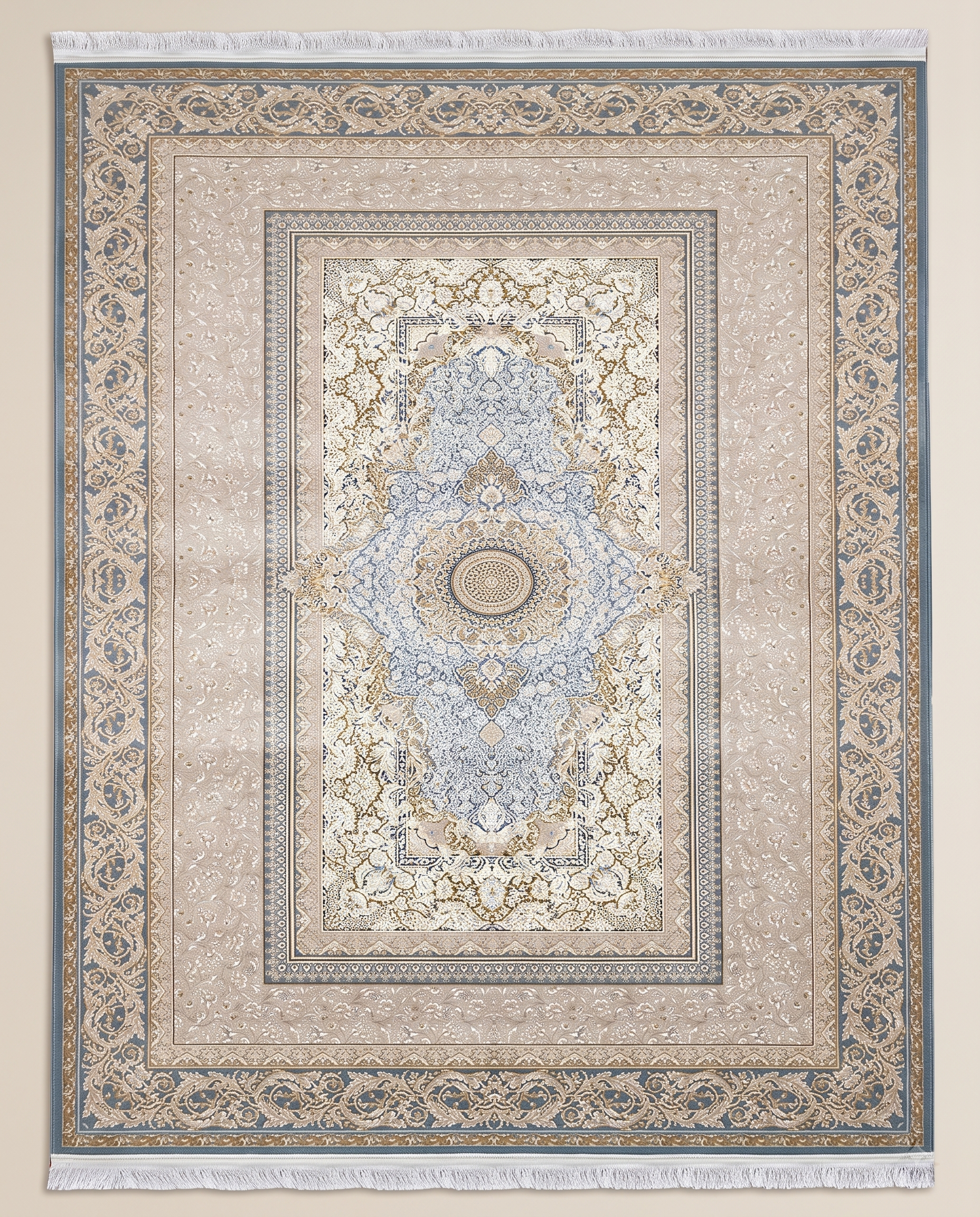 Soft Beige Irani Silk Carpet with Subtle Elegant Border Design