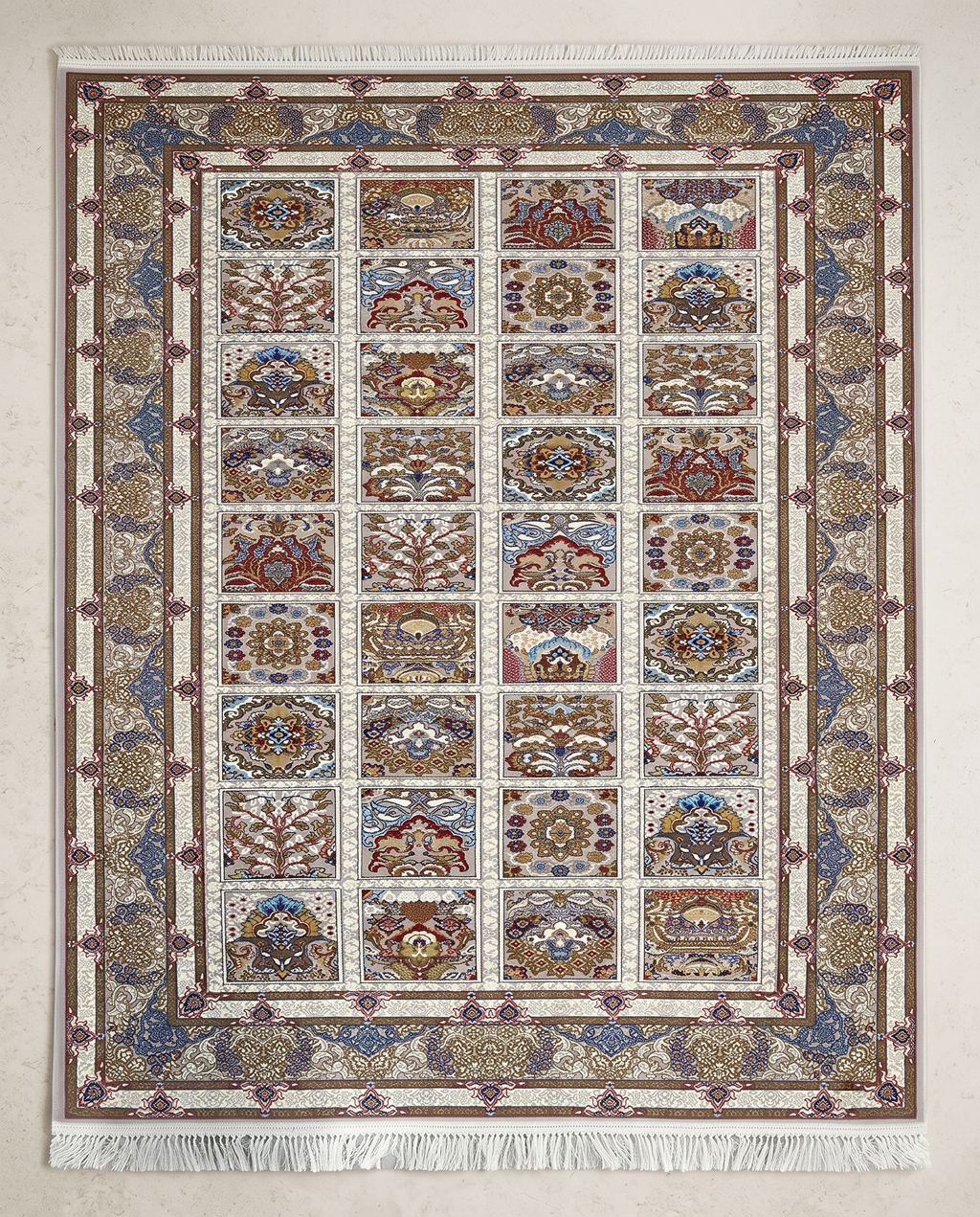 Ivory Irani Panel Design Carpet with Detailed Patterns
