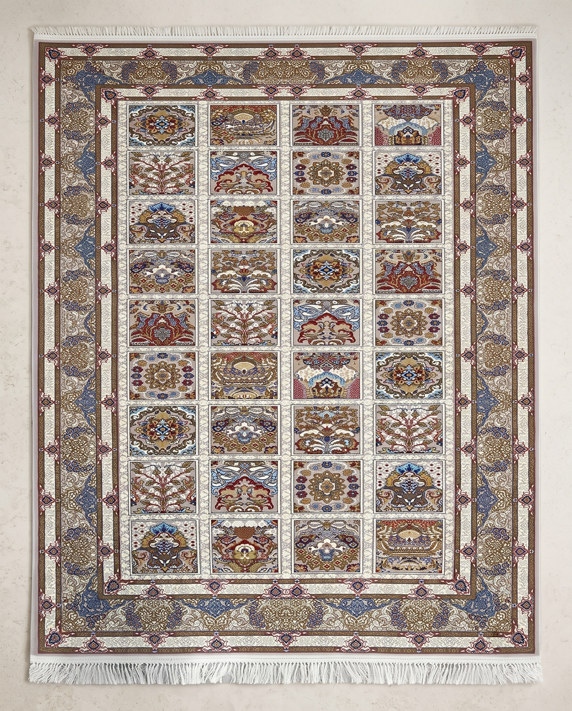 Ivory Irani Panel Design Carpet with Detailed Patterns