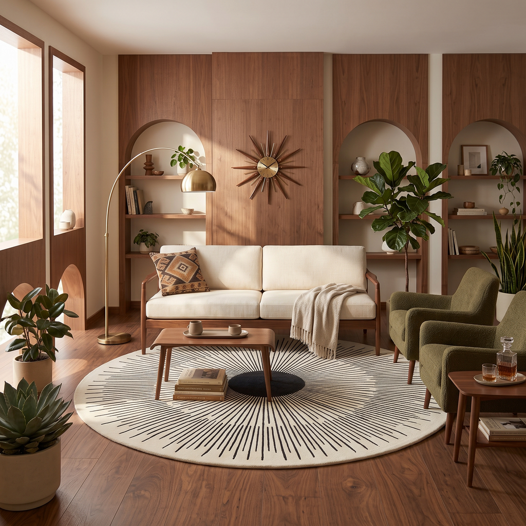 Modern Sunburst Round Wool Rug