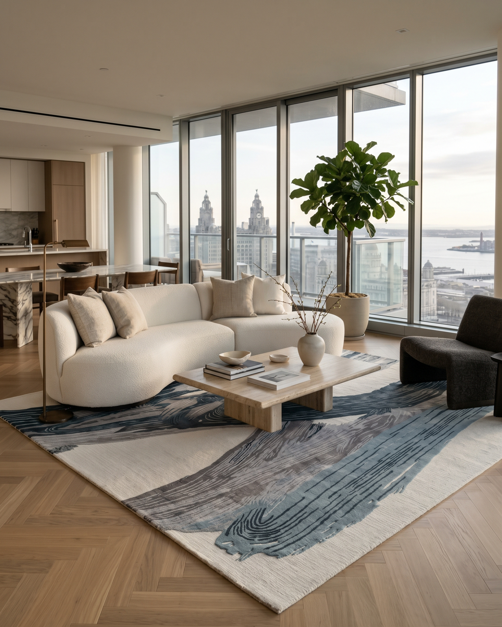 Aegean Flow Contemporary Silky Viscose Abstract Wave Rug
