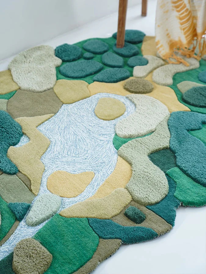 Green Abstract Landscape Sculpted Rug
