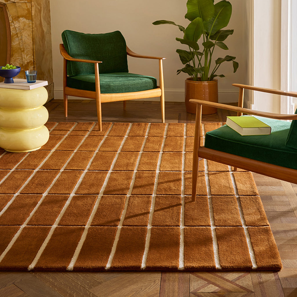 Modern Terracotta Grid Hand Tufted Wool Rug