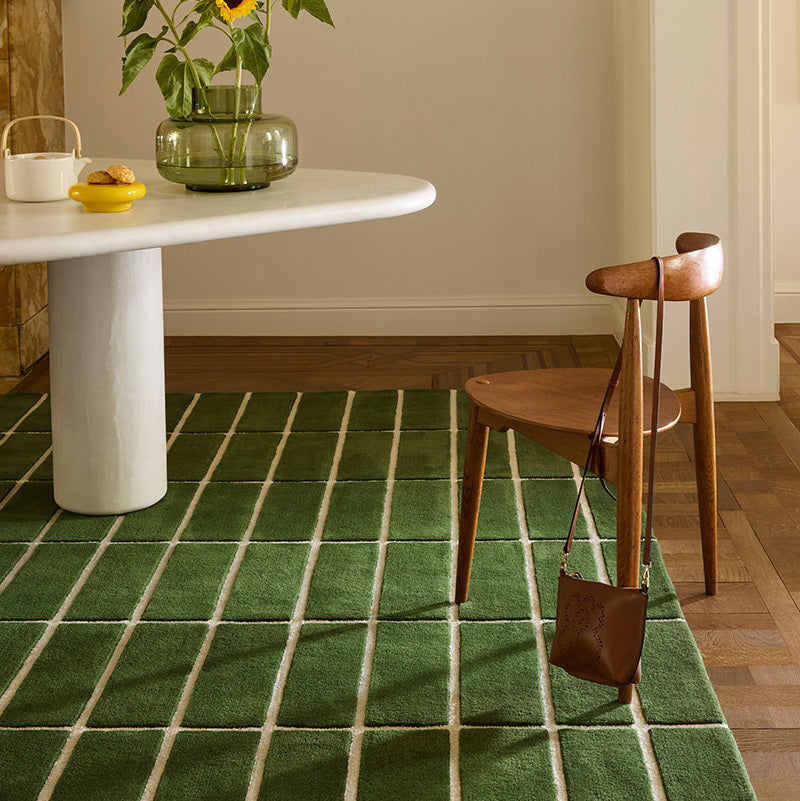 Minimal Emerald Check Pattern Wool Rug