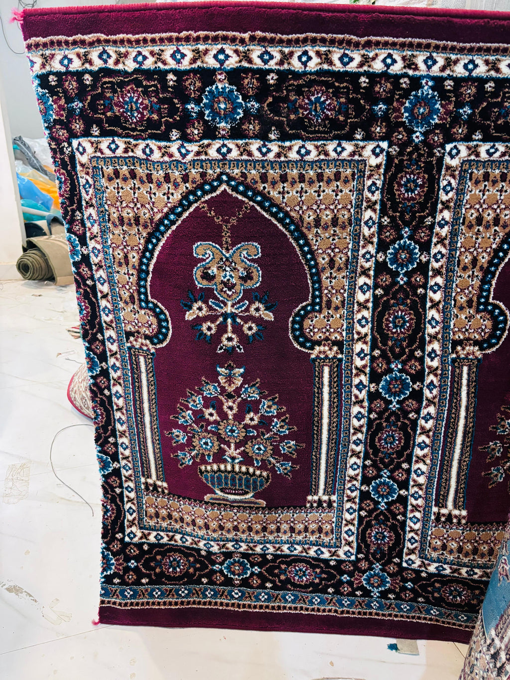 Premium Maroon Islamic Prayer Carpet with Floral Mihrab Design