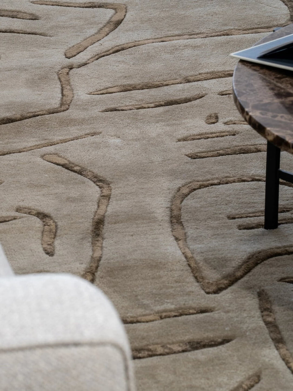Stone Grey Abstract Linework Wool Rug