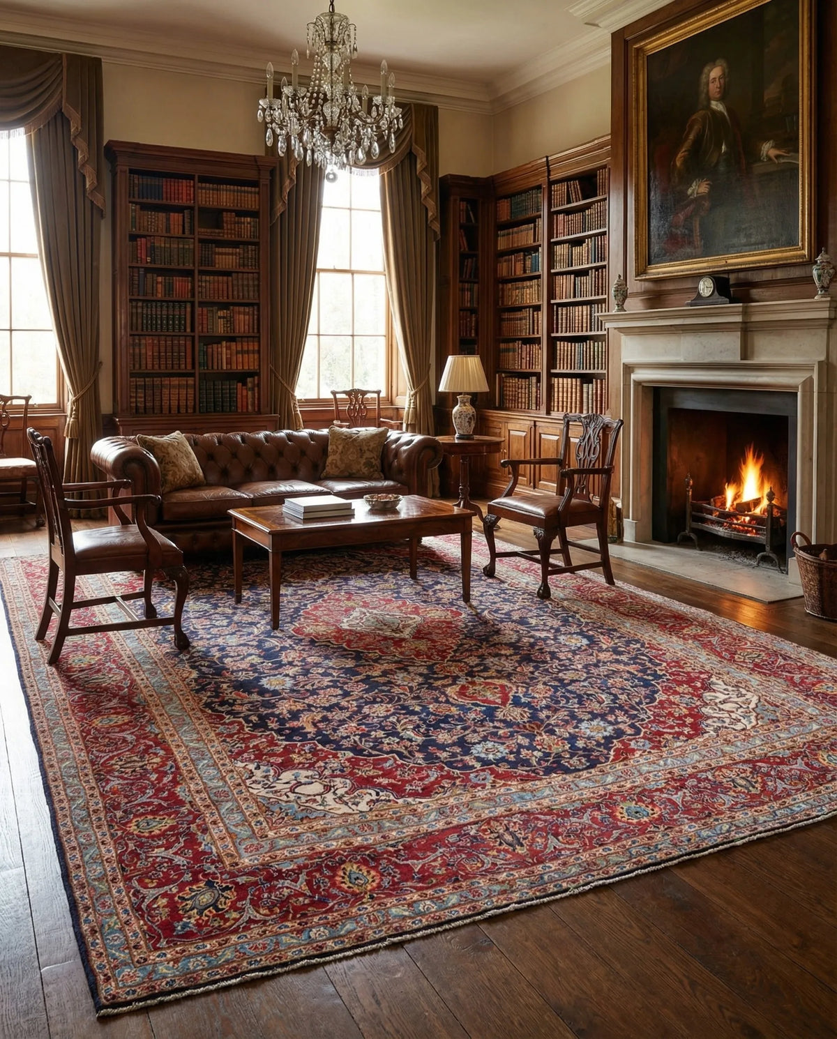Hand-Knotted Regal Sapphire Field Royal Medallion Luxury Wool Rug