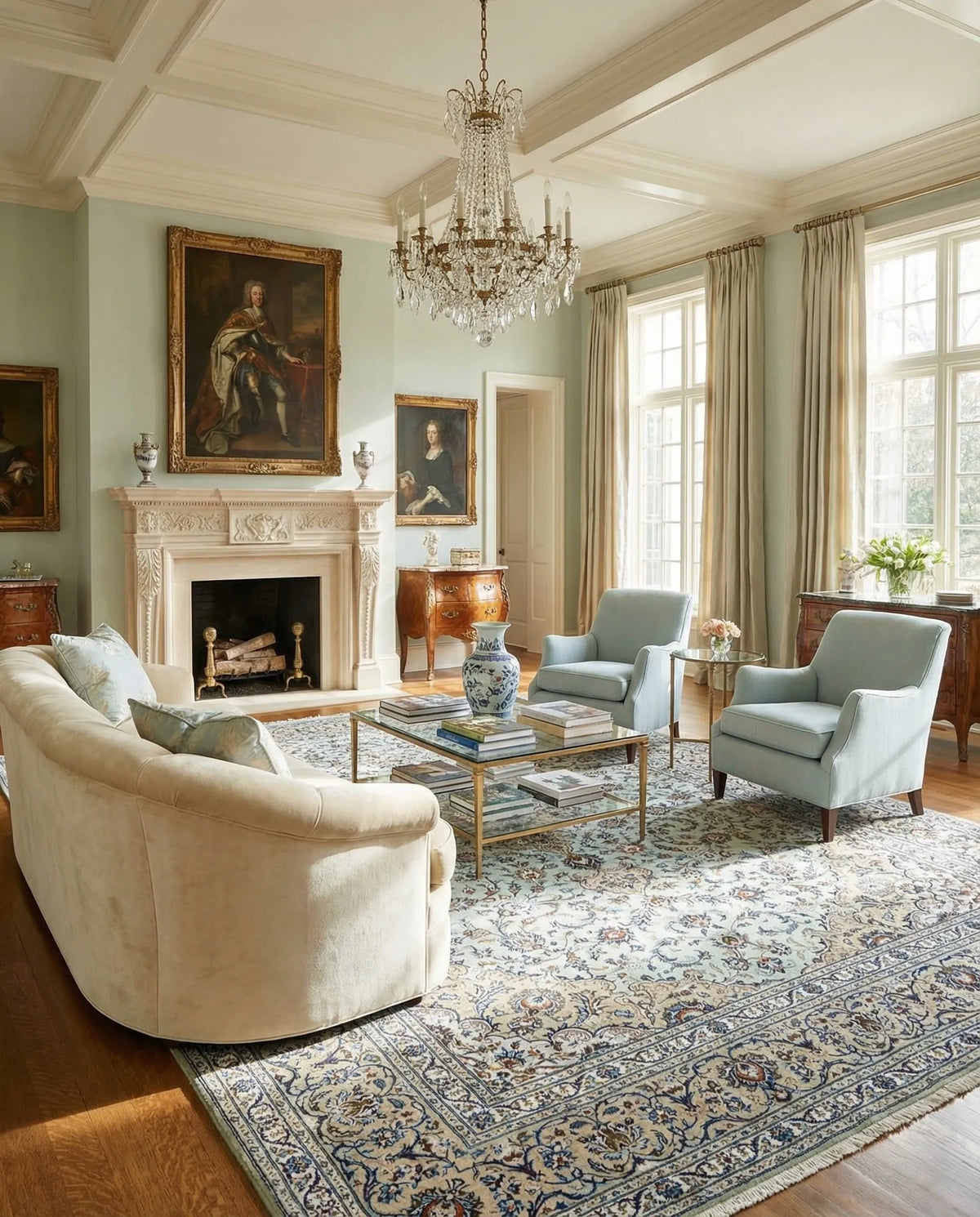 Hand-Knotted Royal Medallion Mint Wool Carpet
