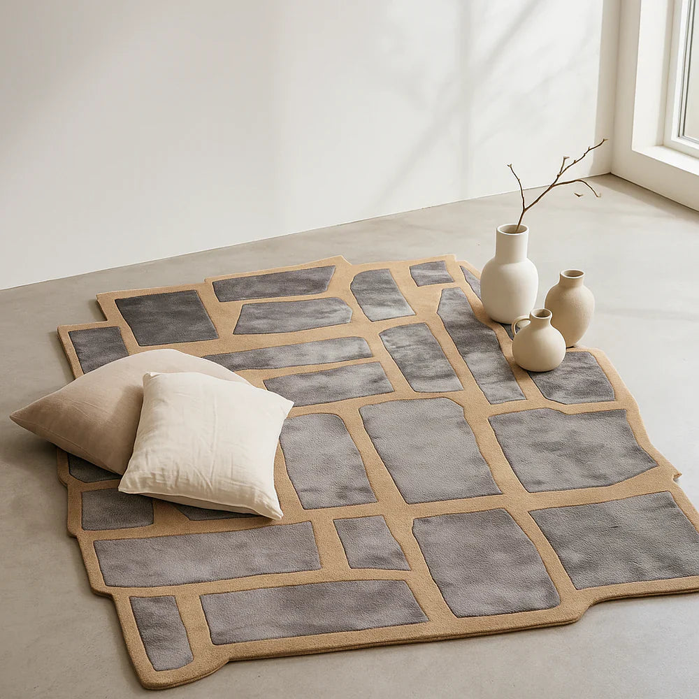Modern Stone Grid Hand Tufted New Zealand & Viscose Carpet
