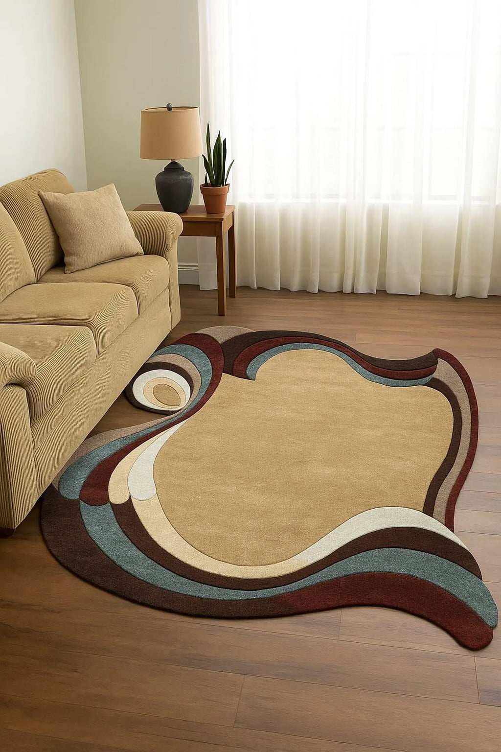 Beige Layered Flow Designer Area New Zealand Wool Irregular Rug