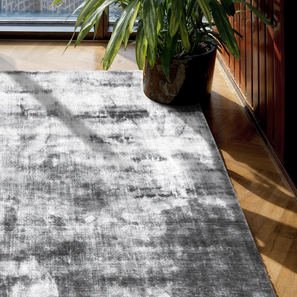 Modern Distressed Silver Grey Bamboo Silk Rug for Living Room