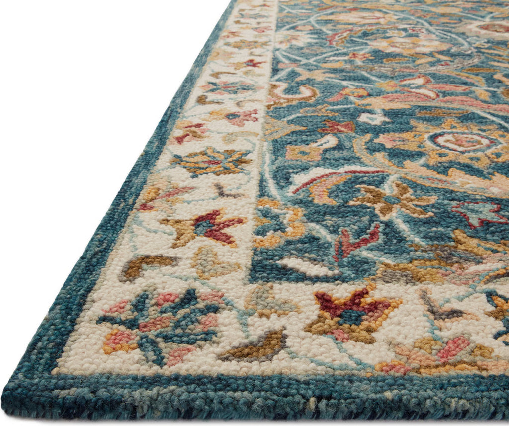 Deep Teal Floral Rug with Detailed Border