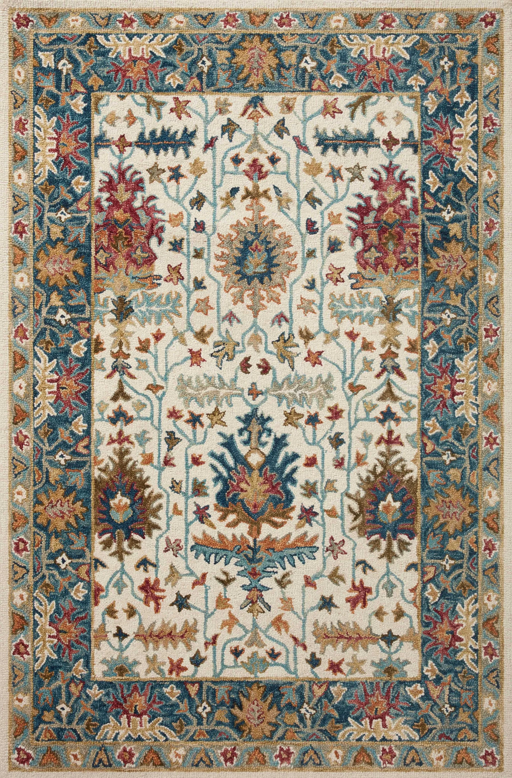 Ivory Floral Rug with Blue Border
