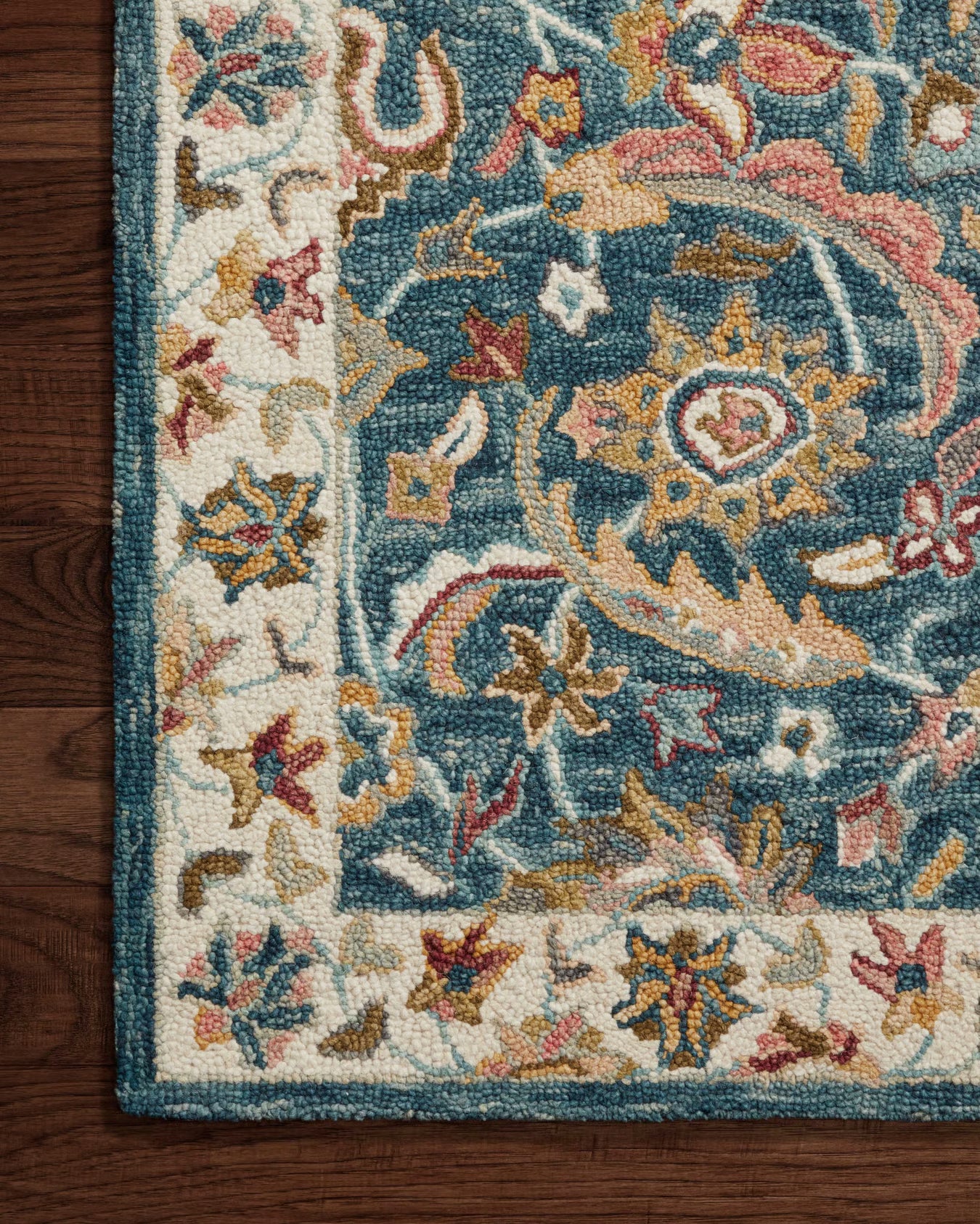 Deep Teal Floral Rug with Detailed Border