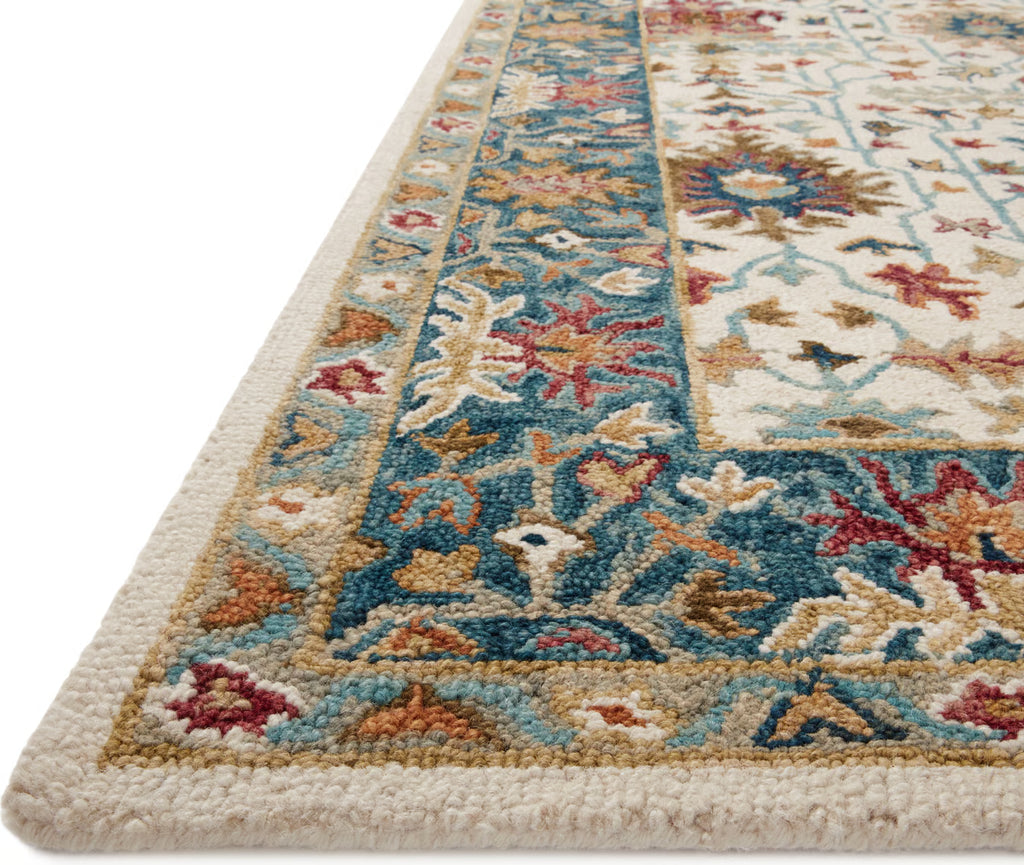 Ivory Floral Rug with Blue Border