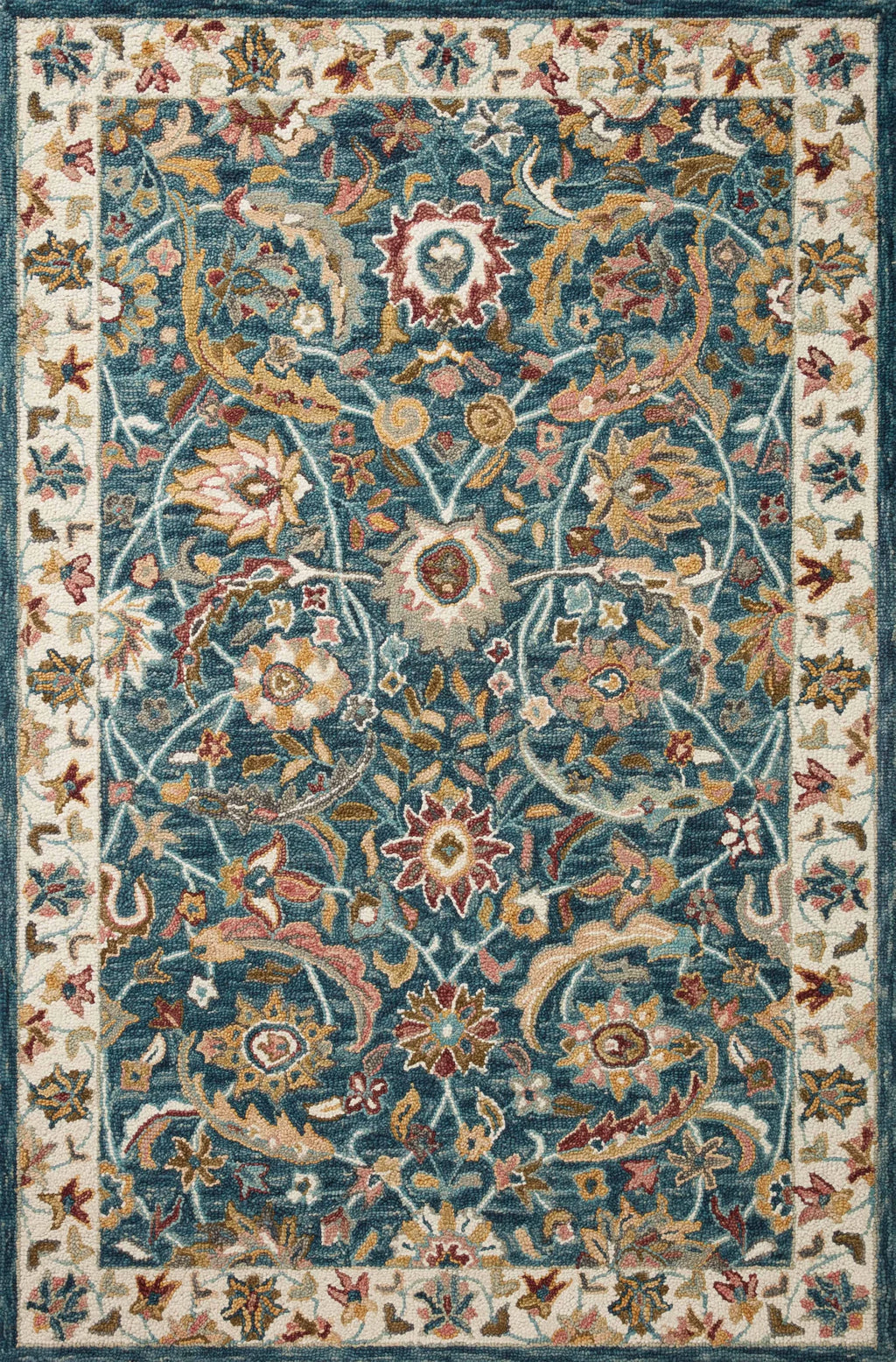 Deep Teal Floral Rug with Detailed Border