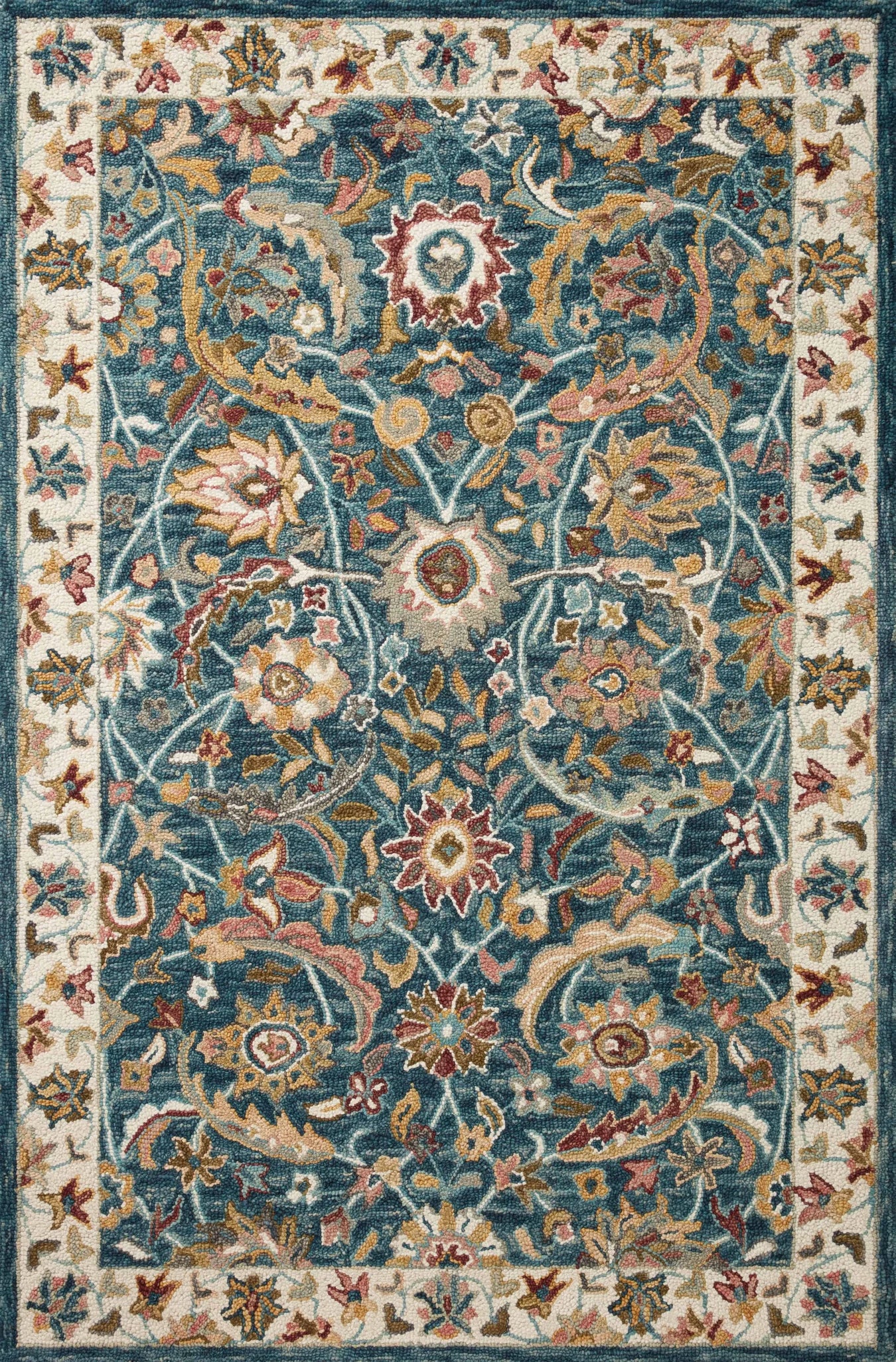 Deep Teal Floral Rug with Detailed Border