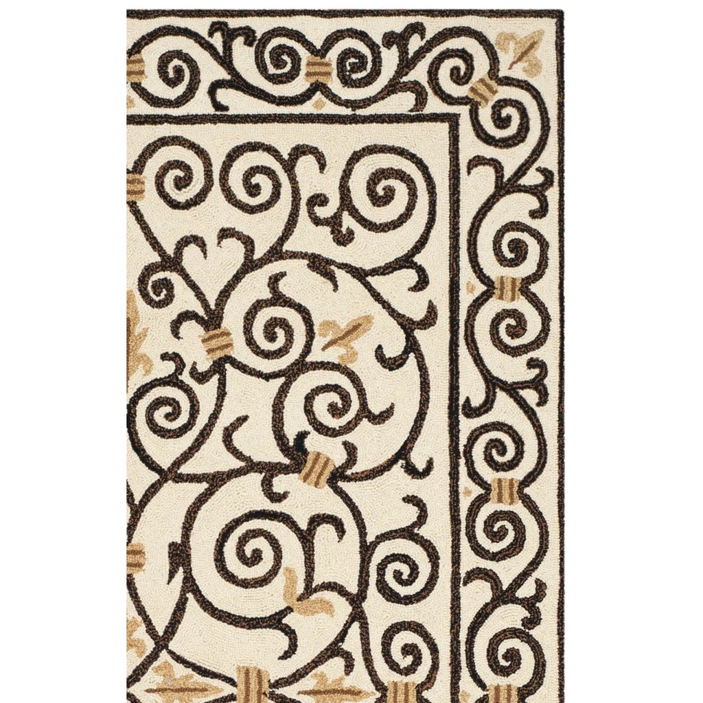 Ornate Wrought-Iron Scroll Ivory & Brown Wool Area Rug