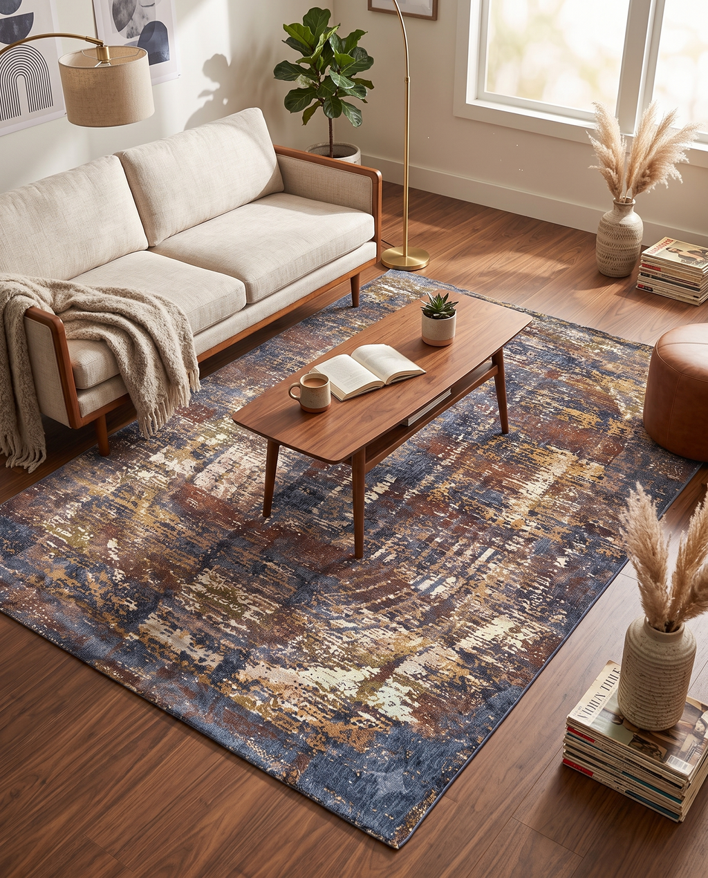 Vintage Abstract Blue Brown Rug