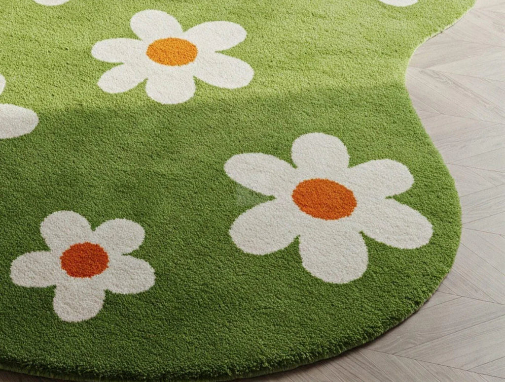 Green Floral Designer Irregular Rug