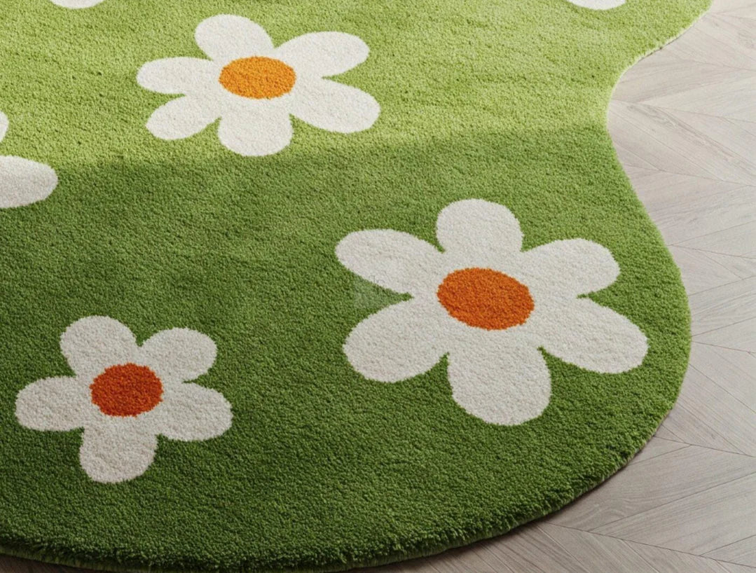Green Floral Designer Irregular Rug