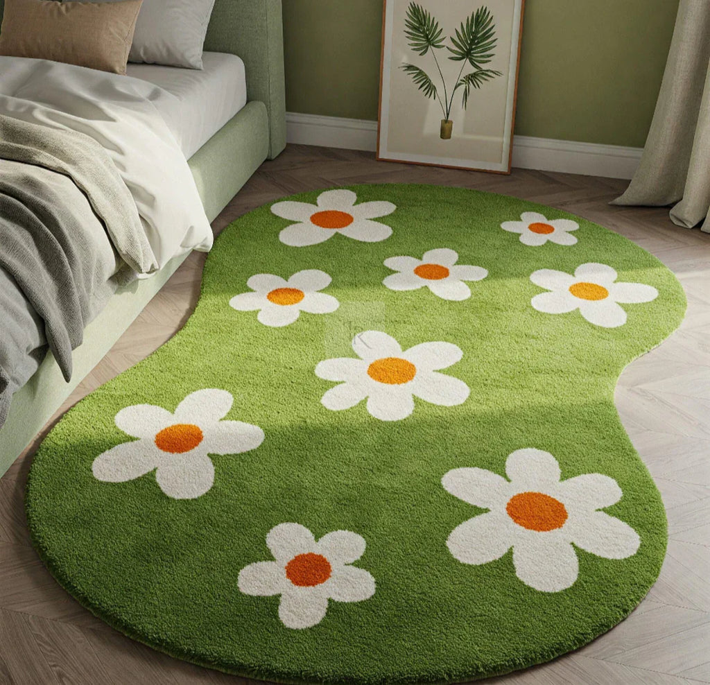Green Floral Designer Irregular Rug