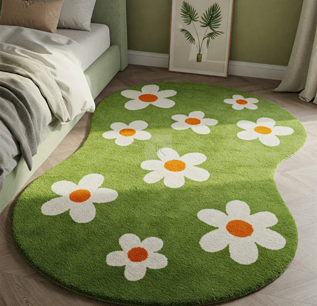 Green Floral Designer Irregular Rug