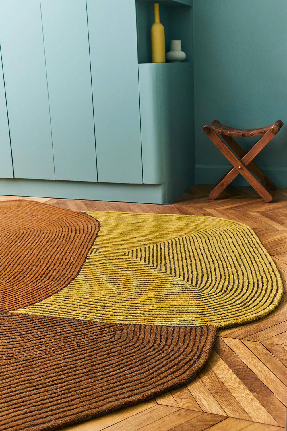 Handcrafted Optical Cube Design with Textured Linework Rug