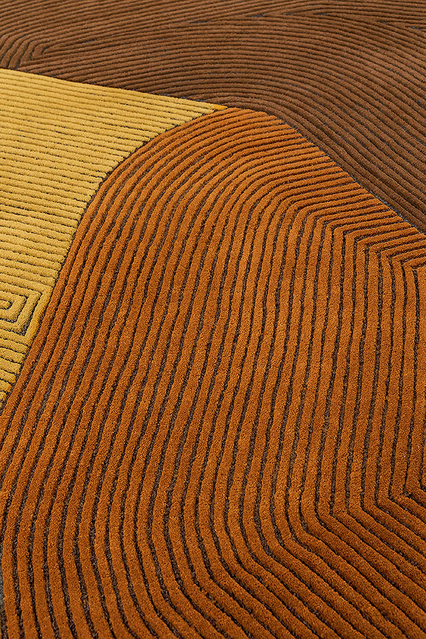 Handcrafted Optical Cube Design with Textured Linework Rug