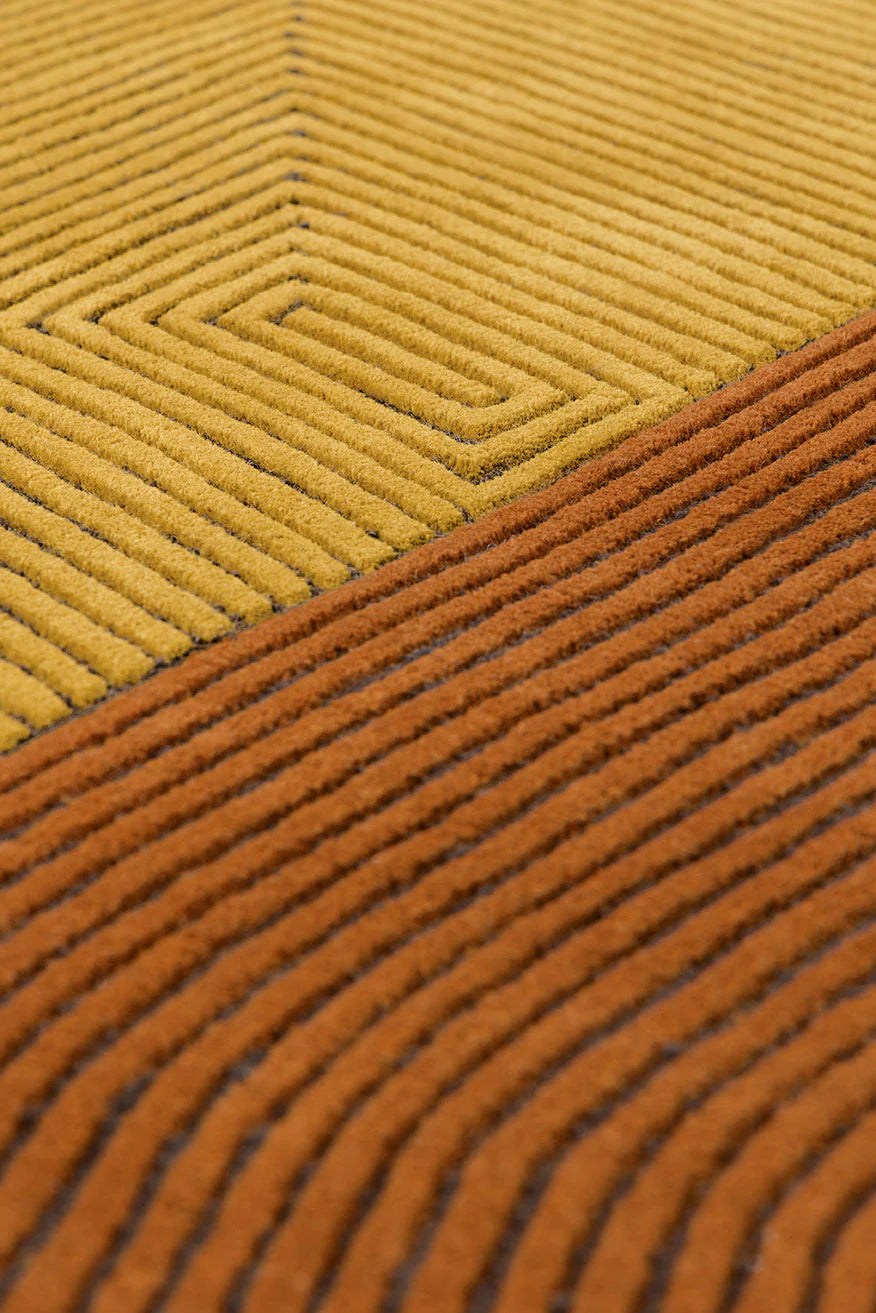 Handcrafted Optical Cube Design with Textured Linework Rug