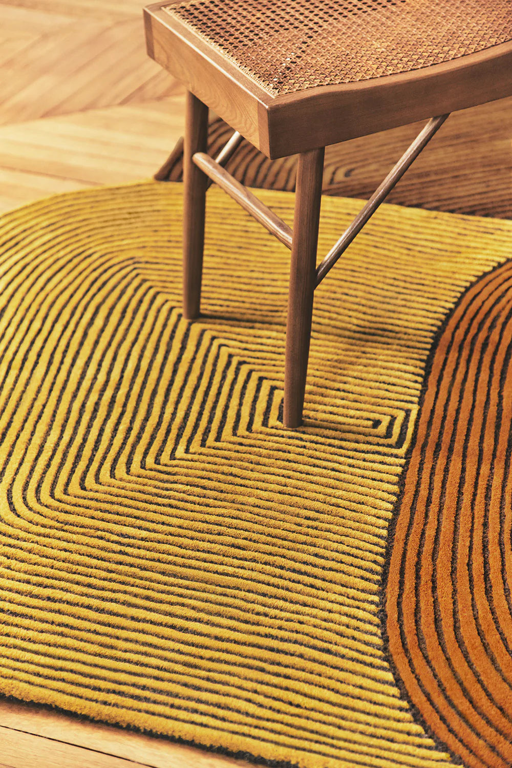 Handcrafted Optical Cube Design with Textured Linework Rug